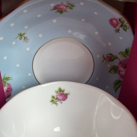 Royal Albert Pink Rose Polka Blue Teacup & Saucer Set‎ New in Box - Picture 3 of 6